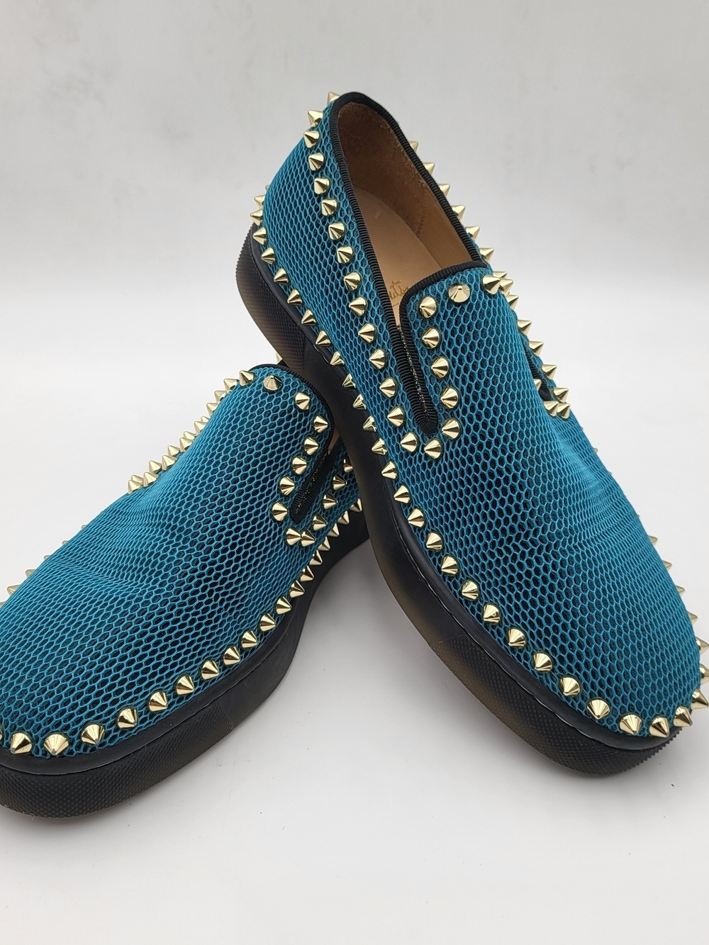 Christian Louboutin Spikes Boat Design Blue Mesh Studded Loafers..Authentic..